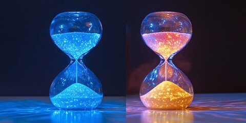 glass hourglass with glowing sand, featuring a smooth flow of light and time in an elegant, minimal design, perfect for a futuristic and artistic display