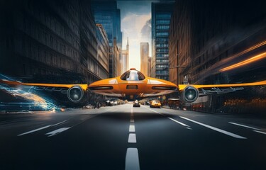 Canvas Print - A futuristic orange vehicle flies down a city street with skyscrapers on either side.