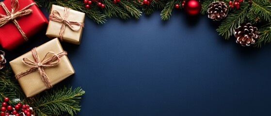 Wall Mural - Horizontal banner web poster, header for website. Christmas New Year background with gift boxes. Festive Xmas composition with gifts