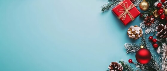 Wall Mural - Horizontal banner web poster, header for website. Christmas New Year background with gift boxes. Festive Xmas composition with gifts