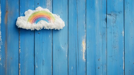 Wall Mural - cheerful children’s background featuring white clouds and a vibrant rainbow set against a soft blue 