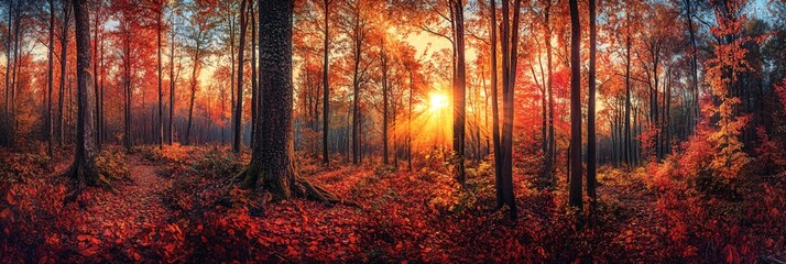 Wall Mural - golden rays of the setting sun illuminating a dense forest with vivid red and orange autumn foliage.