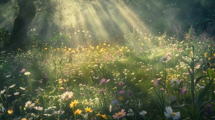 Sticker - Serene Meadow with Sunlight and Colorful Flowers