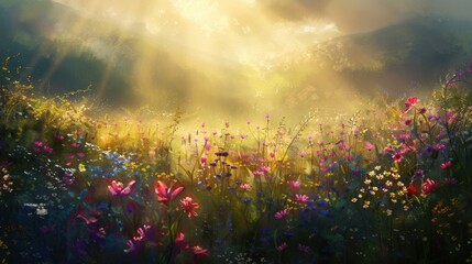 Poster - A peaceful meadow with rays of sunlight shining down on a field of wildflowers, creating a vibrant and uplifting atmosphere that celebrates nature's beauty.