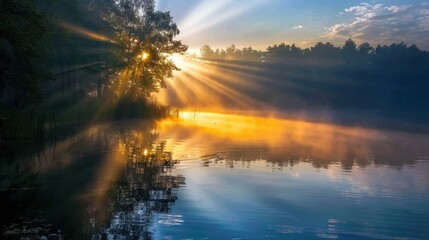 Wall Mural - Serene Sunrise Over Calm Lake with Sunbeams