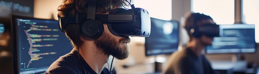 Man wearing VR headset working at desk.