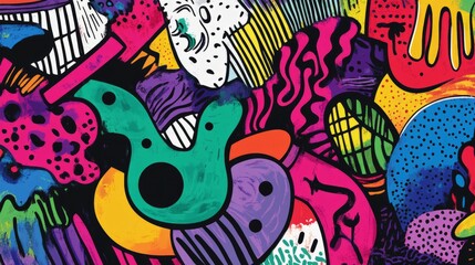 Wall Mural - energetic hand-drawn memphis style background design with a kaleidoscope of colors and fun geometric