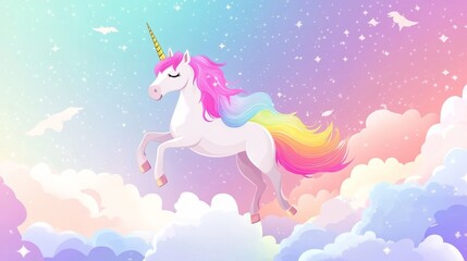 Wall Mural - magical holographic fantasy rainbow unicorn background with pastel colored clouds and sky, featuring cute candy-themed elements in an abstract, whimsical landscape, perfect for kids’ decor, dreamy des