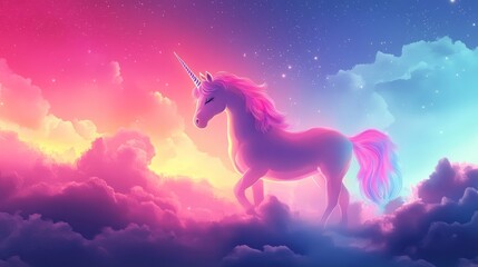 Wall Mural - magical holographic fantasy rainbow unicorn background with pastel colored clouds and sky, featuring cute candy-themed elements in an abstract, whimsical landscape, perfect for kids’ decor, dreamy des