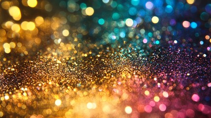 Wall Mural - iridescent holographic background with vibrant rainbow colors and shining gold glitter accents, perf