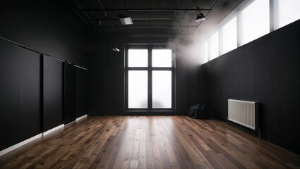 empty room interior and wall with wooden floor, black wall