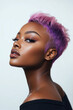 © Karat - A striking portrait of a woman with short, bold purple hair and dramatic makeup, exuding confidence and fierce individuality, showcasing modern and edgy fashion