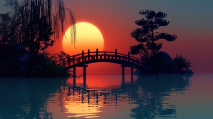 Wall Mural - Serene Sunset over a Tranquil Water Bridge