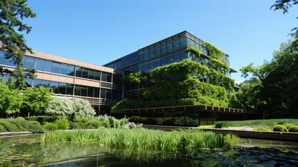 Canvas Print - Modern Architecture with Lush Greenery and Reflections