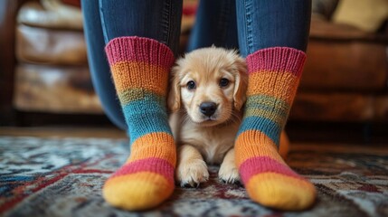 A puppy resting between colorful socks.