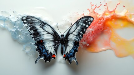 Sticker - A butterfly surrounded by colorful splashes of liquid.