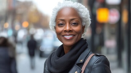 white-haired black mature woman smiling and posing confidently in a city street looking at the camera highlighting her grace beauty and vibrant personality in a stylish and modern urban environment