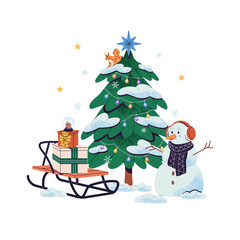 Poster - Christmas tree decorated with garland under snow. Xmas gift boxes on sled near pine, spruce. New Year firtree with snowman and snowflakes outdoor. Flat isolated vector illustration on white background