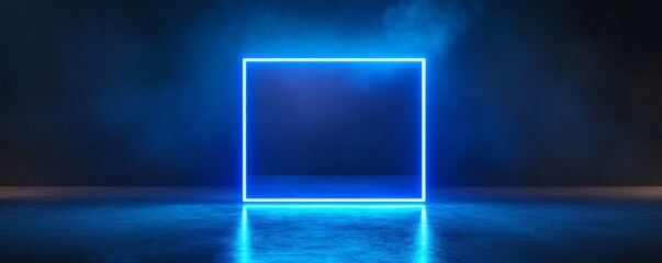 Poster - Blue neon square glowing in dark space background