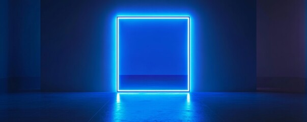 Poster - Blue neon square glowing on concrete surface