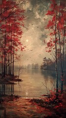 Sticker - Autumn Sunset Over a Tranquil Lake - Landscape Painting