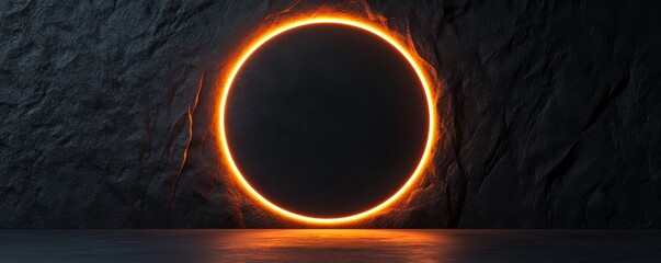 Poster - Round orange neon sign illuminating a black stone wall background