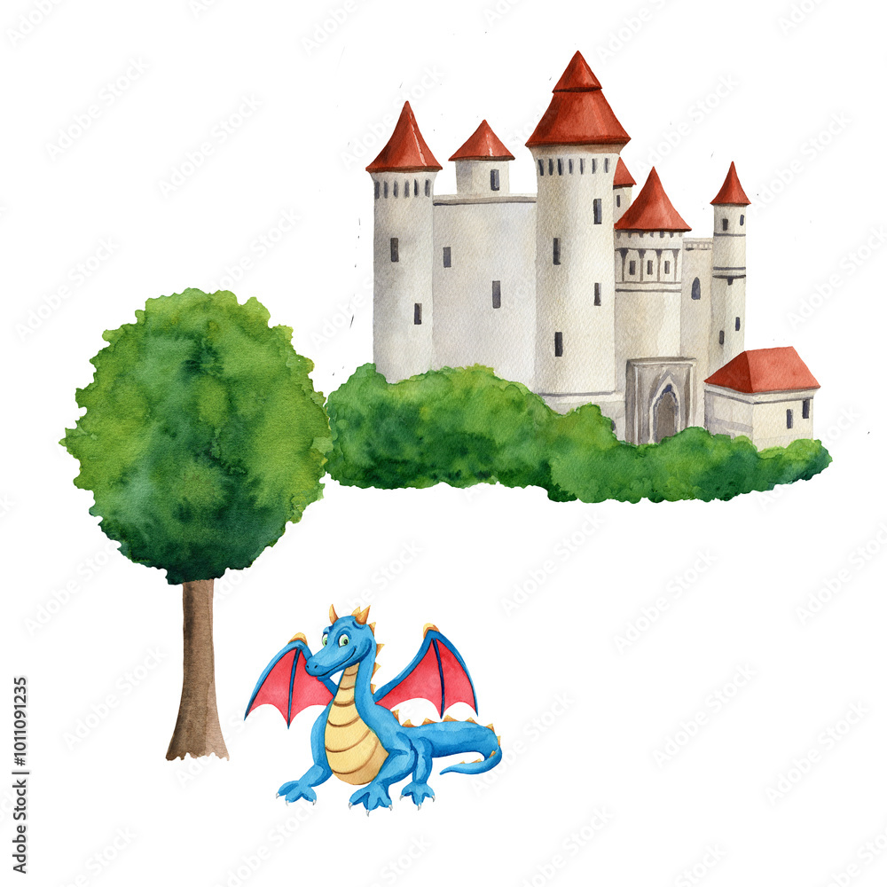 Fairy tale castle, tree and blue dragon illustration isolated on white ...