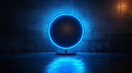 Poster - Blue neon circle glowing in dark empty concrete room