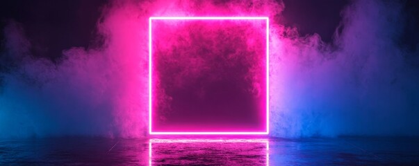 Wall Mural - Bright neon square frame glowing in smoky atmosphere background