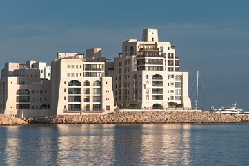 Modern Mediterranean architecture standing tall on the Limassol Marina coastline, Cyprus