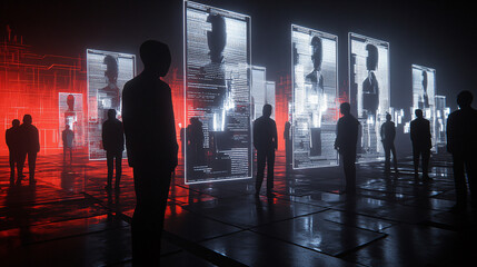 Anonymous Silhouettes in a Glitched Cityscape