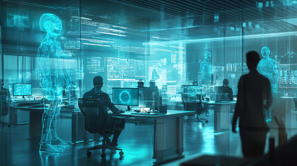 Futuristic Office with Holographic Projections of Human Figures