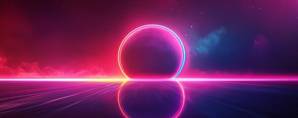Wall Mural - neon circle glowing over reflective surface with smoke and stars background