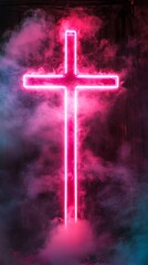 Poster - Pink neon cross glowing in the dark with smoke