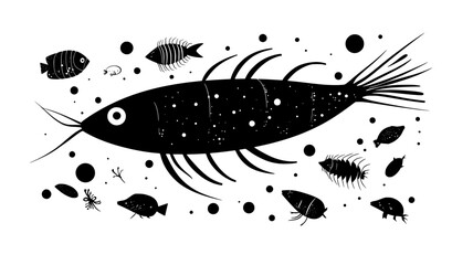 Wall Mural - Krill swimming near the ocean surface, surrounded by small marine organisms, vector illustration art