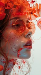 Wall Mural - Woman with Red Flowers and Round Glasses - Surreal Portrait