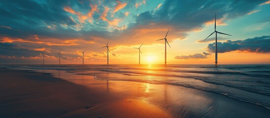 Wall Mural - Stunning Sunset Over Ocean with Wind Turbines Silhouetted Against Vibrant Sky and Reflective Water Surface