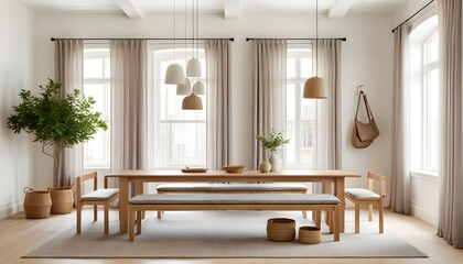 Sticker - Minimalist dining room showcasing a long wooden table with sleek lines, matching chairs, stylish pendant lights, and large windows adorned with neutral curtains