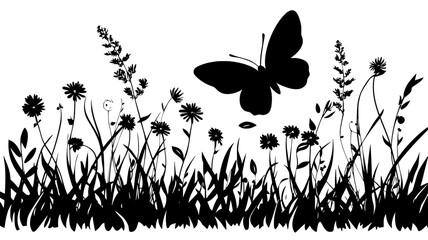 Wall Mural - A butterfly flutters through a meadow, dodging the tall plants and grass around it, vector illustration art