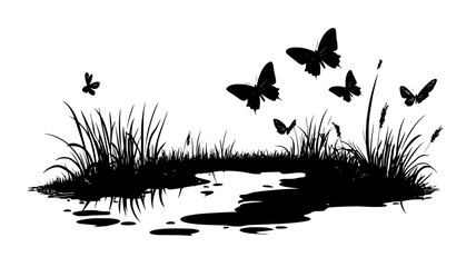 Wall Mural - Butterflies congregating around a mud puddle on a dirt path, vector illustration art