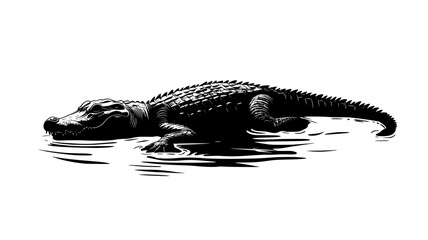 Wall Mural - Crocodile lying in shallow water, body partially submerged, head and tail visible, vector illustration art