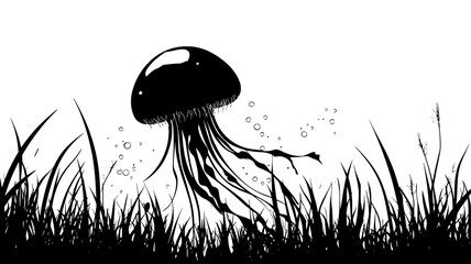 Wall Mural - A jellyfish near a seagrass meadow, its bell-shaped body illuminated by light filtering through the water, vector illustration art