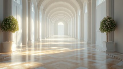 Poster - Elegant hallway with arches and potted plants, softly lit.