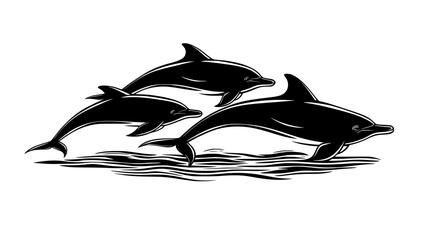 Wall Mural - Pod of dolphins swimming together, dorsal fins breaking the surface, vector illustration art