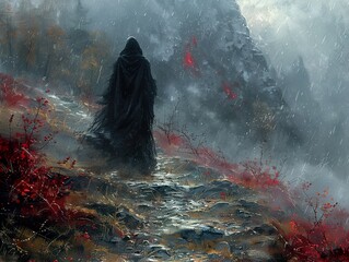 Wall Mural - Mysterious Figure in a Stormy Mountain Landscape