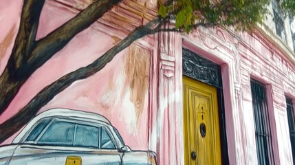 Wall Mural - A painting of a pink building with a yellow door and a tree in front of it 