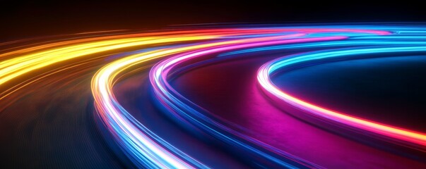 Wall Mural - abstract light trails creating colorful curved lines on dark background