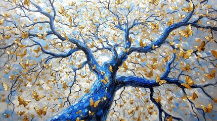 Poster - A hand-painted abstract artwork featuring a vivid blue tree with branches sprawling across a canvas, adorned with golden butterflies fluttering around 