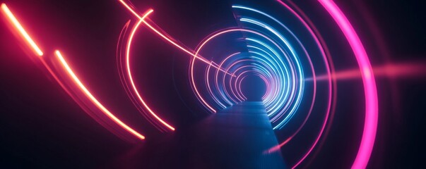 Poster - Circular neon lights tunnel forming a futuristic corridor