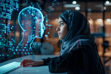 arab student in hijab uses ai in learning, communication with artificial intelligence hologram, conc